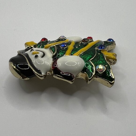 Vintage Snowman Brooch White Green Enamel‎ and Crystal Accent Pin - Picture 5 of 7